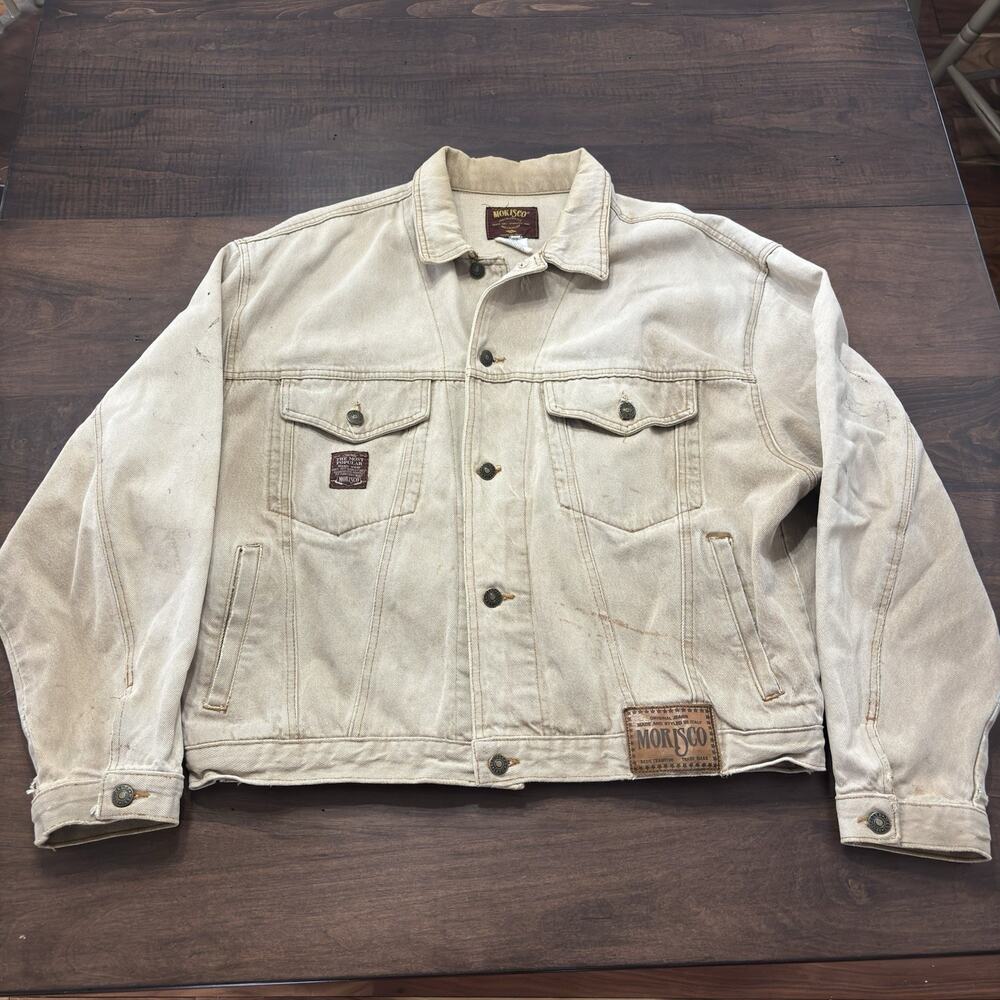 Vtg Morisco Italy Industry Trucker Beige Denim Jacket Distressed Size 2XL Grunge